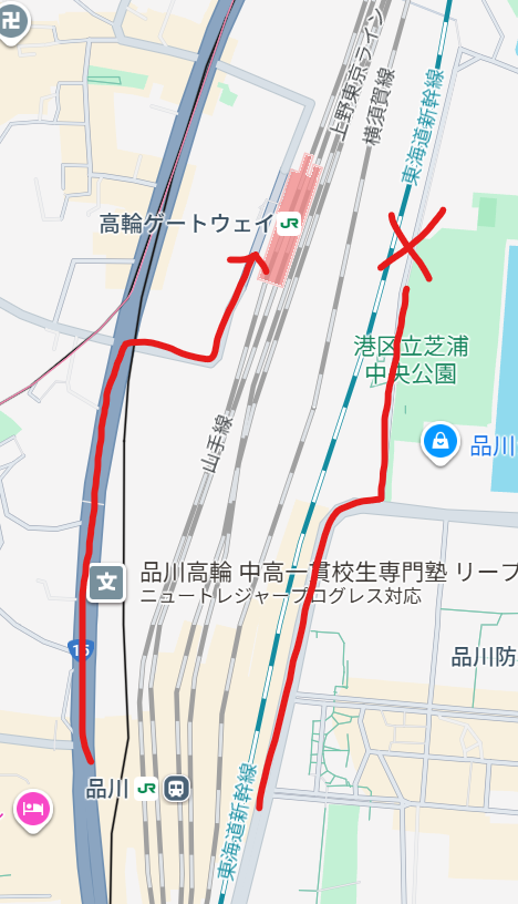 品川から高輪ゲートウェイ間の地図